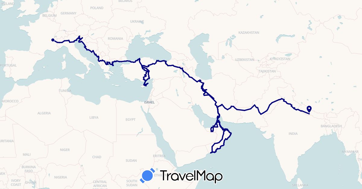 TravelMap itinerary: driving in United Arab Emirates, Bosnia and Herzegovina, Cyprus, France, Greece, Croatia, India, Iran, Italy, Montenegro, Nepal, Oman, Pakistan, Slovenia, Turkey (Asia, Europe)